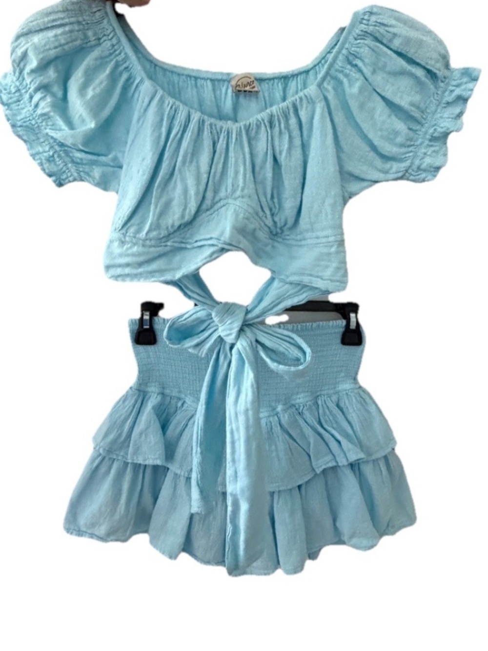 Blanco by Nature Set Crop Top Mini Skirt Tiered Ruffle Aqua Blue Stretchy Medium